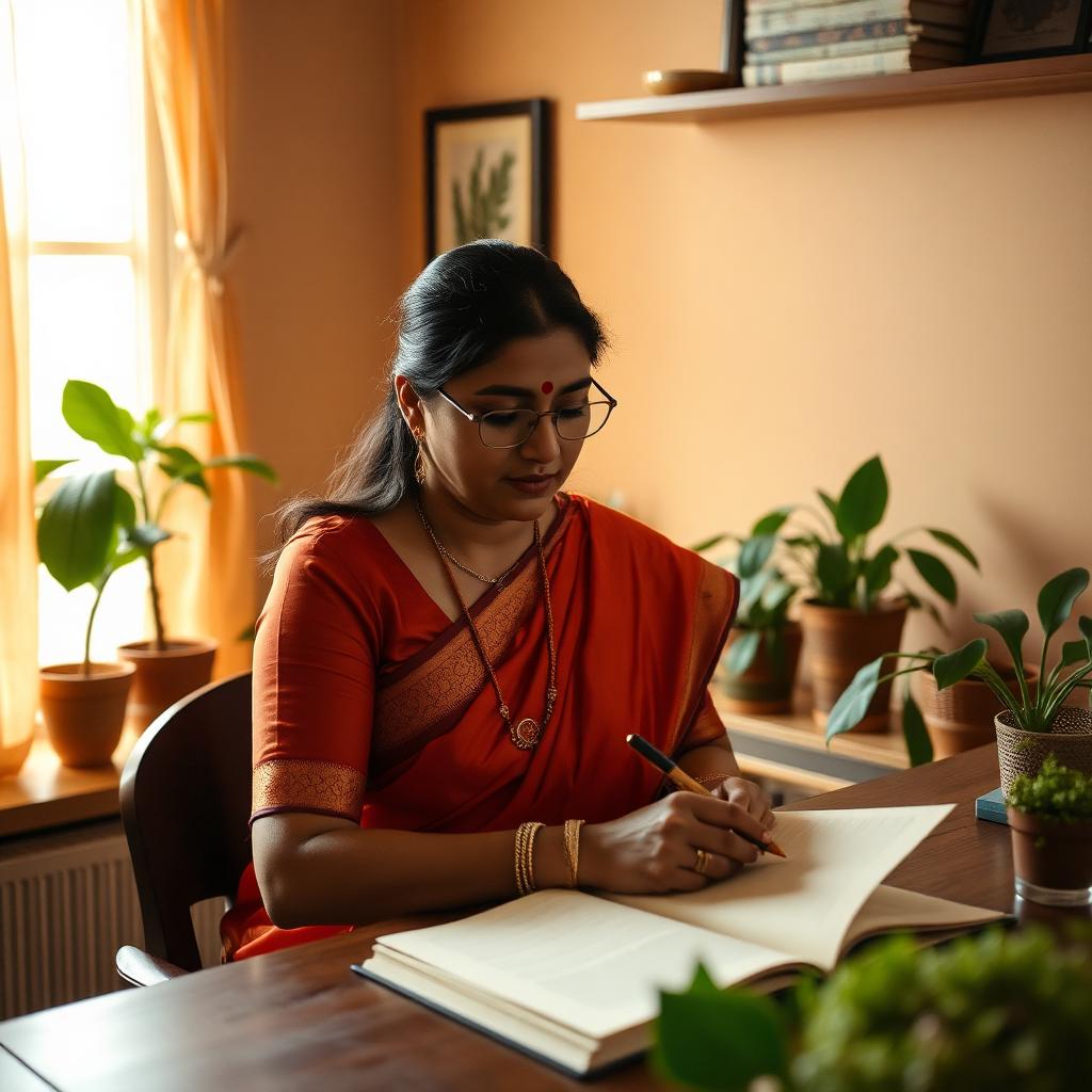 Writer working at a warm wooden desk at home