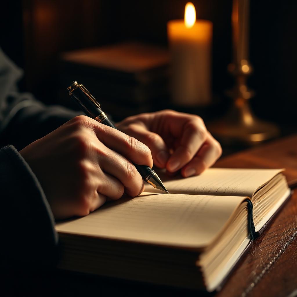 Hands writing on paper with a fountain pen